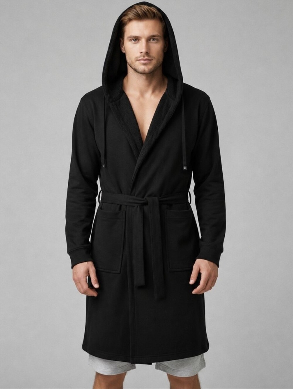 Dude Robe Men's Size S/M Black Terry Cloth Cotton Hooded Belted Pockets $139 NWT